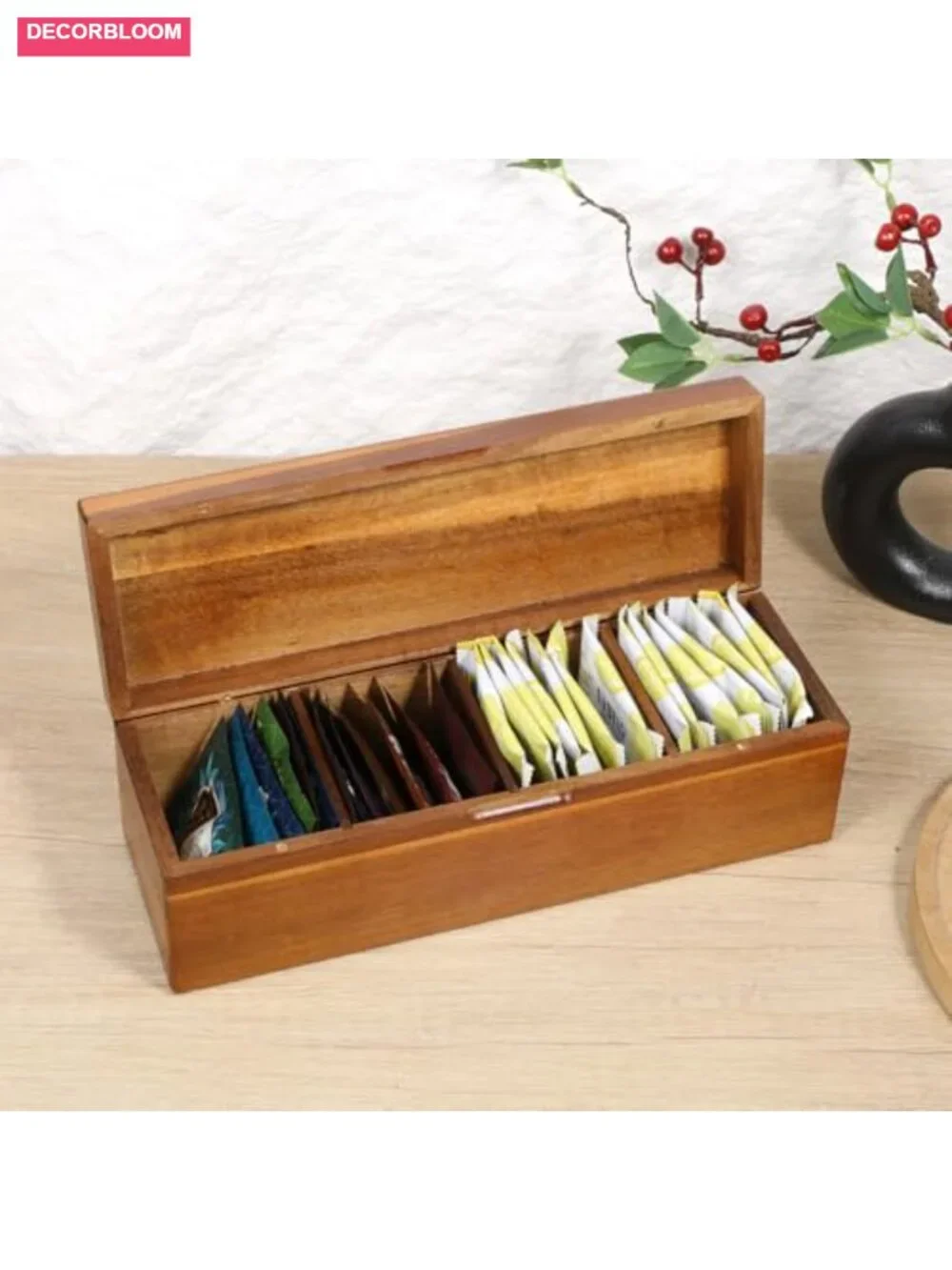Acacia Wooden Tea Bag Organizer Storage Box with Compartments